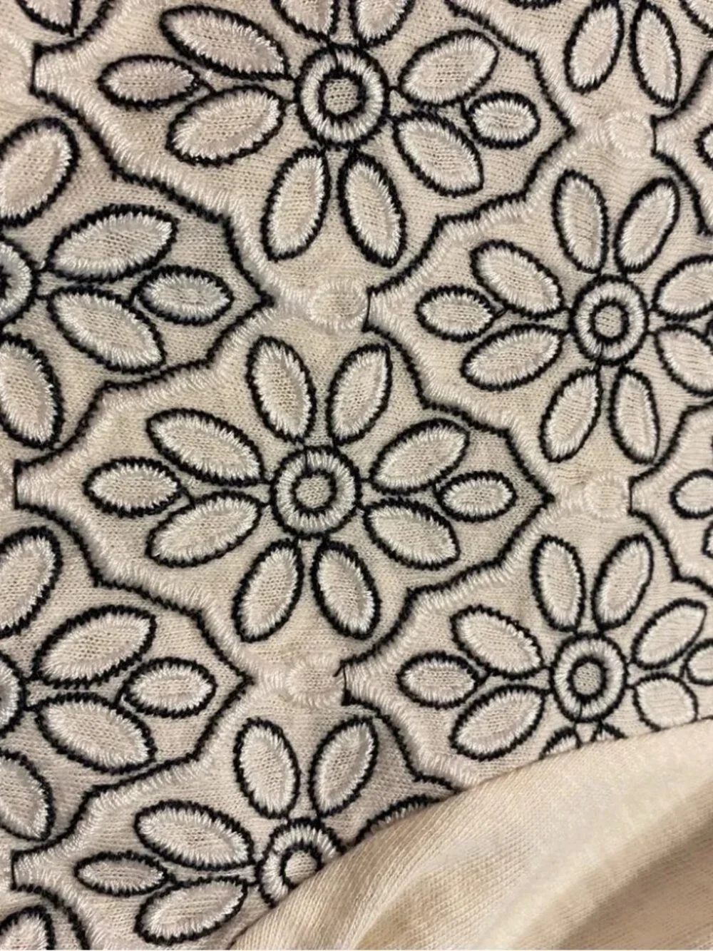 J. Crew black & cream embroidered floral 3/4 sleeve cotton knit top